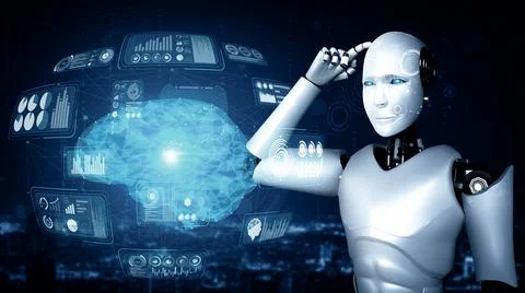MLB Thinking AI humanoid robot analyzing hologram screen showing concept of AI 스톡 일러스트