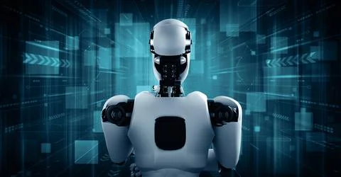 MLB Thinking AI humanoid robot analyzing information data Stock Illustration