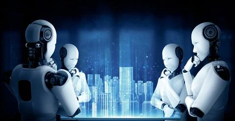 MLB Thinking AI humanoid robot analyzing hologram screen shows concept of 스톡 일러스트