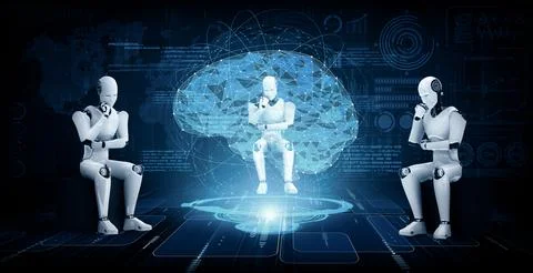 MLB Thinking AI humanoid robot analyzing hologram screen showing concept of AI Stock Illustration