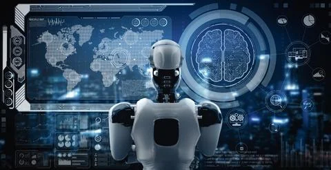 MLB Thinking AI humanoid robot analyzing hologram screen showing concept big 스톡 일러스트