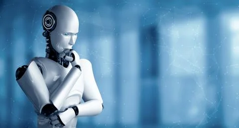 MLB Thinking AI humanoid robot analyzing information data Illustrazione stock