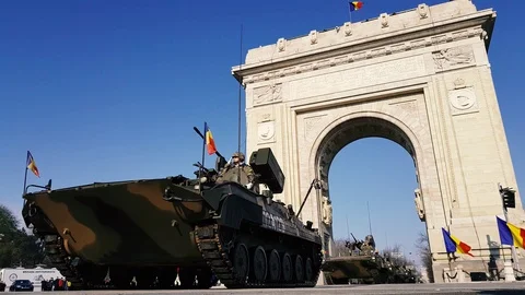 MLI 84 M combat armored vehicle, at Romanian National Day military parade Stock Footage 117795042