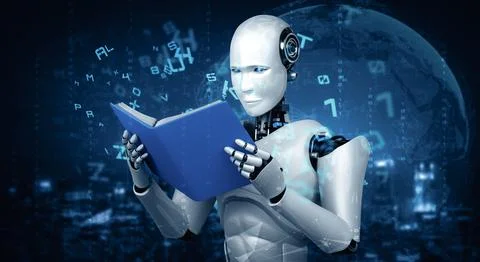 MLP 3D illustration of robot humanoid reading book Illustrazione stock