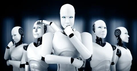 MLP 3D illustration of robot humanoid group Illustrazione stock