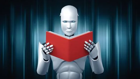 MLP 3D illustration of robot humanoid reading book Illustrazione stock