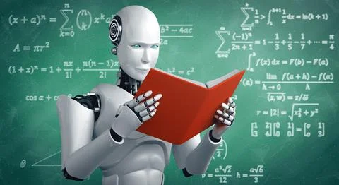 MLP 3D illustration of robot humanoid reading book and solving math 스톡 일러스트