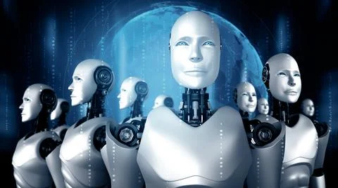 MLP 3D illustration of robot humanoid group Illustrazione stock
