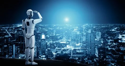 MLP 3D illustration robot humanoid looking forward against cityscape skyline イラスト素材