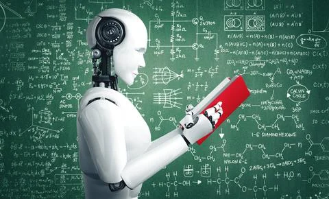 MLP 3D illustration of robot humanoid reading book and solving math 库存插图