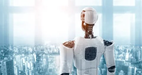 MLP 3D illustration robot humanoid looking forward against cityscape skyline Illustrazione stock