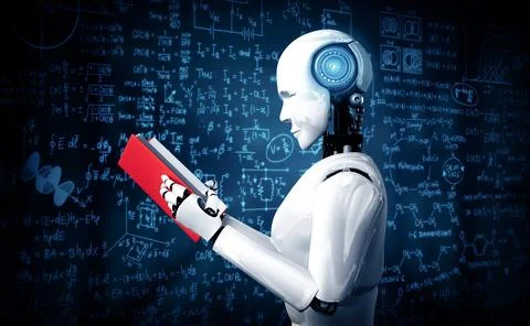 MLP 3D illustration of robot humanoid reading book and solving math Stock Illustration