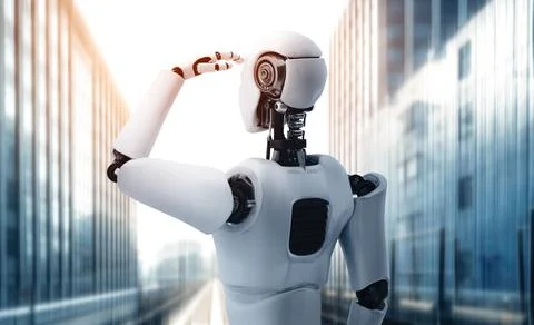 MLP 3D illustration robot humanoid looking forward against cityscape skyline イラスト素材