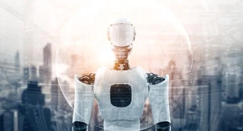 MLP 3D illustration robot humanoid looking forward against cityscape skyline Stock Illustration