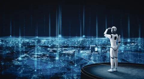 MLP 3D illustration robot humanoid looking forward against cityscape skyline Stock Illustration