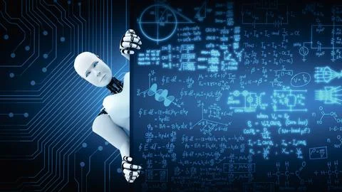 MLP 3D render hominoid robot show up from educational blackboard in class room Stock Illustration