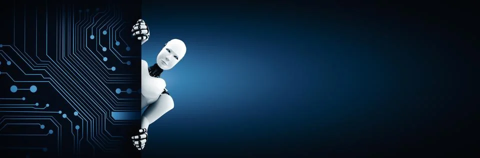 MLP 3D render humanoid robot show up from the wall 스톡 일러스트