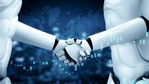 MLP 3D rendering hominoid robot handshake with stock market trading chart Stock Illustration
