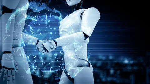 MLP 3D rendering hominoid robot handshake to collaborate future technology Stock Illustration