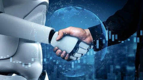 MLP 3D rendering hominoid robot handshake to collaborate future technology Illustrazione stock