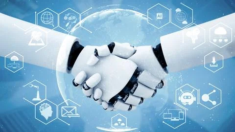 MLP 3D rendering hominoid robot handshake to collaborate future technology 스톡 일러스트