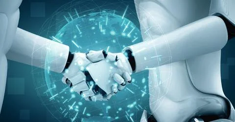 MLP 3D rendering hominoid robot handshake to collaborate future technology Illustrazione stock