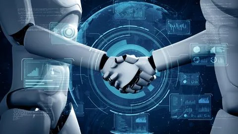 MLP 3D rendering hominoid robot handshake to collaborate future technology イラスト素材