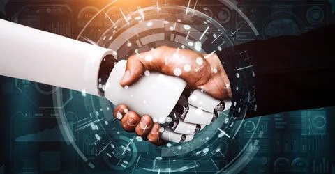 MLP 3D rendering hominoid robot handshake to collaborate future technology 스톡 일러스트