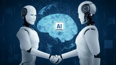 MLP 3D rendering hominoid robot handshake to collaborate future technology 스톡 일러스트