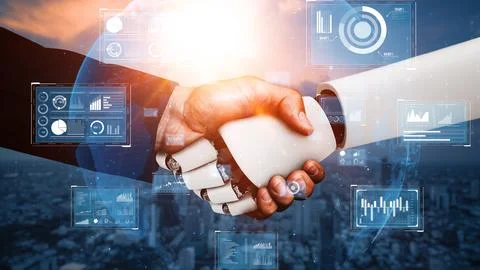 MLP 3D rendering hominoid robot handshake to collaborate future technology Stock Illustration