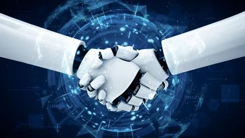 MLP 3D rendering hominoid robot handshake to collaborate future technology Illustrazione stock