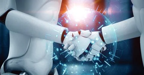 MLP 3D rendering hominoid robot handshake to collaborate future technology Stock Illustration