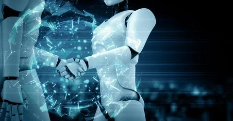 MLP 3D rendering hominoid robot handshake to collaborate future technology Illustrazione stock