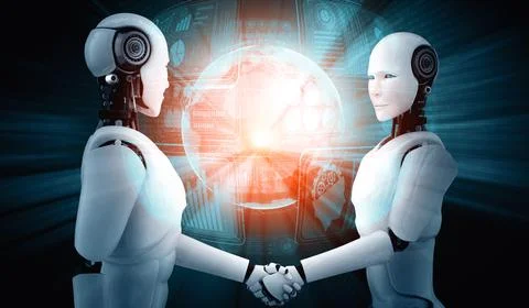 MLP 3D rendering humanoid robot handshake to collaborate future technology Stock Illustration