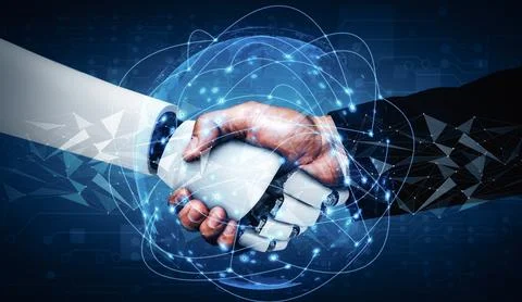 MLP 3D rendering humanoid robot handshake to collaborate future technology 스톡 일러스트