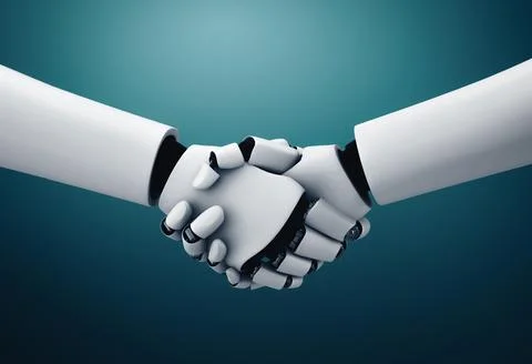 MLP 3D rendering humanoid robot handshake to collaborate future technology 스톡 일러스트