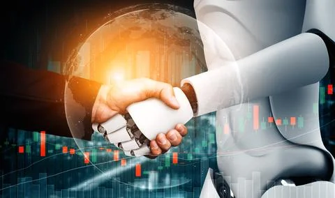 MLP 3D rendering humanoid robot handshake with stock market trading chart Stock Illustration