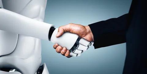 MLP 3D rendering humanoid robot handshake to collaborate future technology Illustrazione stock