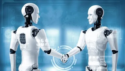 MLP 3D rendering humanoid robot handshake to collaborate future technology 스톡 일러스트
