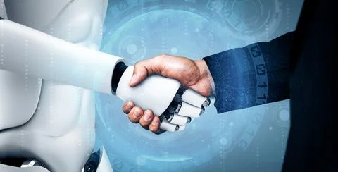 MLP 3D rendering humanoid robot handshake to collaborate future technology Stock Illustration