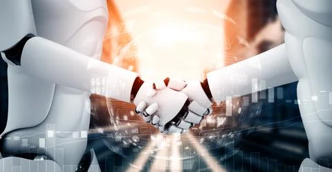 MLP 3D rendering humanoid robot handshake with stock market trading chart Stock Illustration