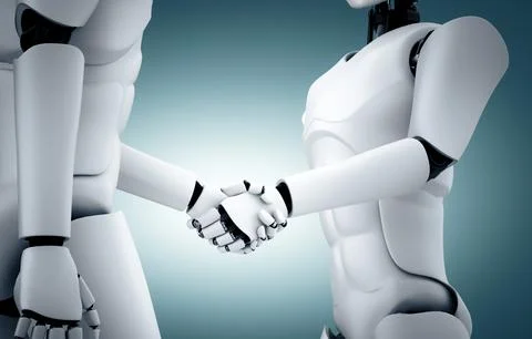 MLP 3D rendering humanoid robot handshake to collaborate future technology Stock Illustration