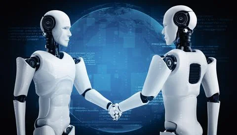 MLP 3D rendering humanoid robot handshake to collaborate future technology Stock Illustration