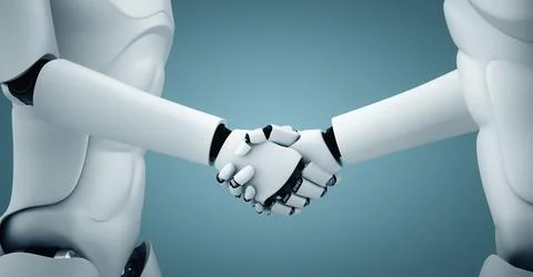 MLP 3D rendering humanoid robot handshake to collaborate future technology 스톡 일러스트