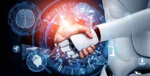 MLP 3D rendering humanoid robot handshake to collaborate future technology 스톡 일러스트