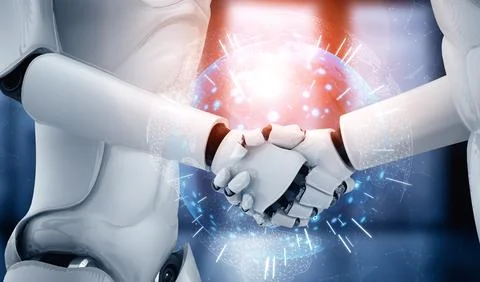 MLP 3D rendering humanoid robot handshake to collaborate future technology Illustrazione stock