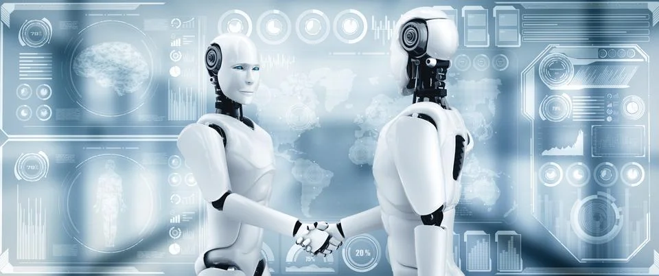 MLP 3D rendering humanoid robot handshake to collaborate future technology Stock Illustration