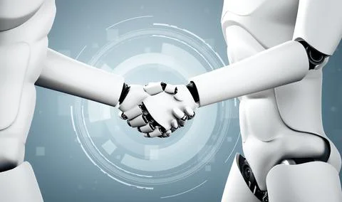 MLP 3D rendering humanoid robot handshake to collaborate future technology Stock Illustration