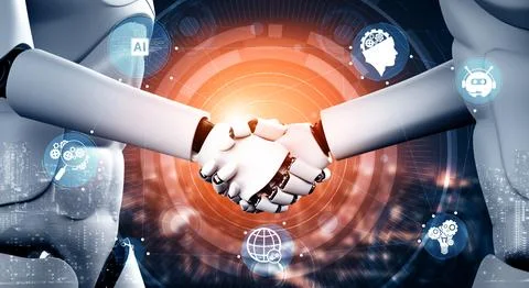 MLP 3D rendering humanoid robot handshake to collaborate future technology Stock Illustration