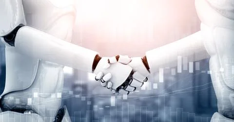 MLP 3D rendering humanoid robot handshake to collaborate future technology Stock Illustration